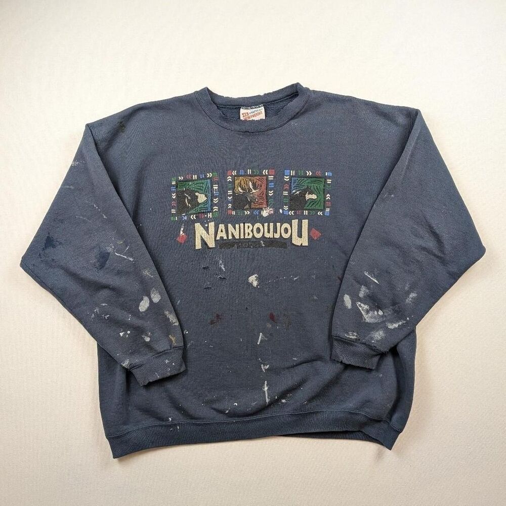 Vintage Granola Nature Painter Naniboujou Moose Blue Crewneck Sweatshirt XL Art